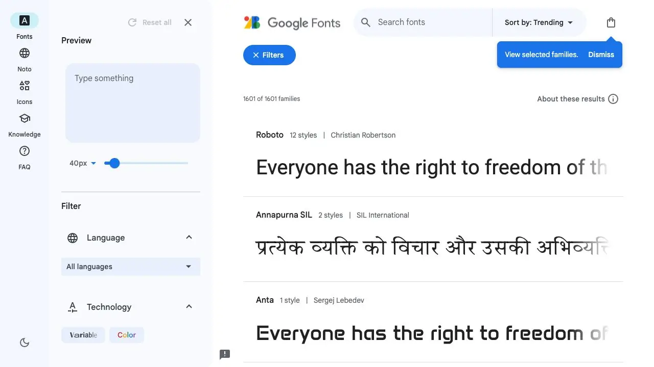 Screenshot of Google Fonts