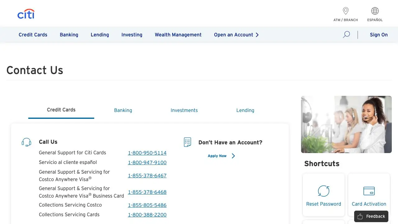 Screenshot of Citibank Customer Service