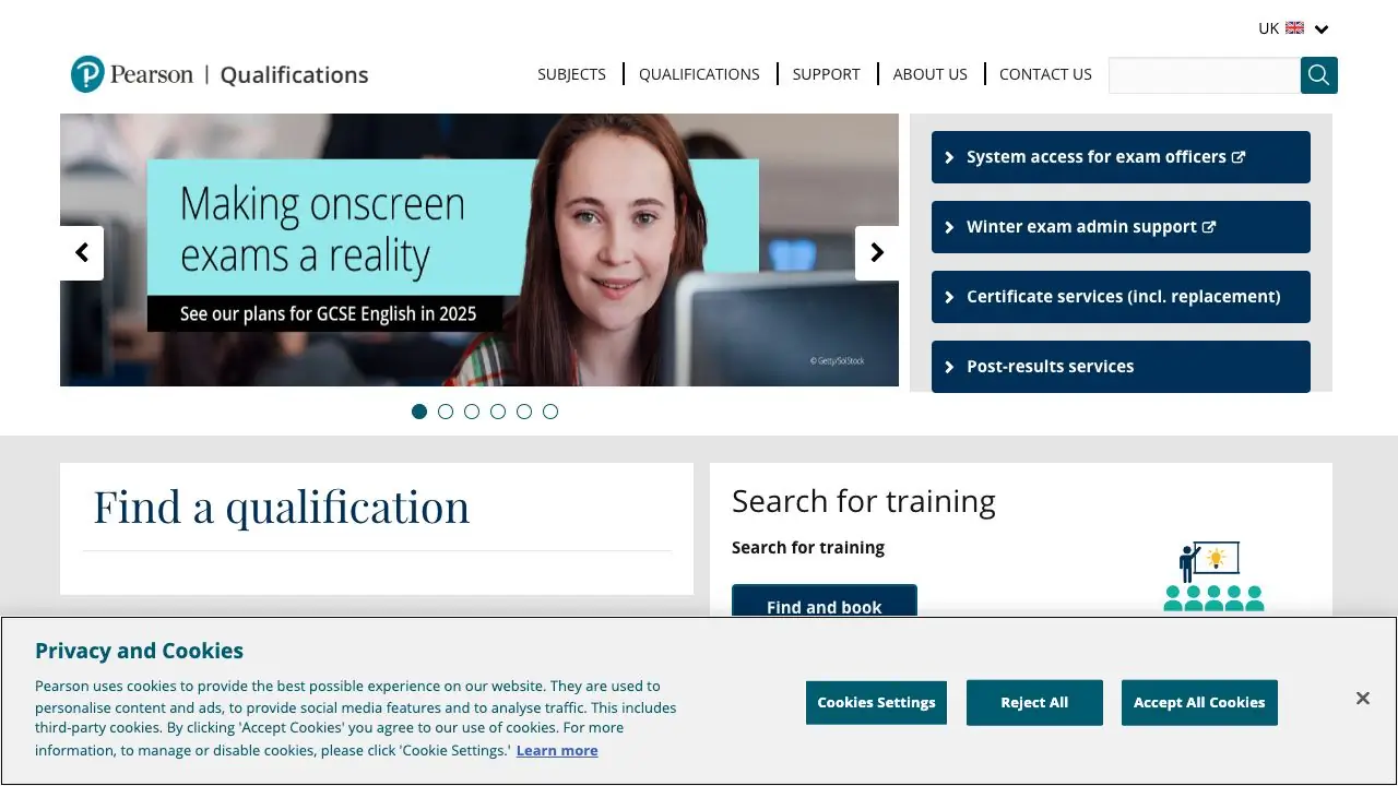 Screenshot of Pearson Qualifications