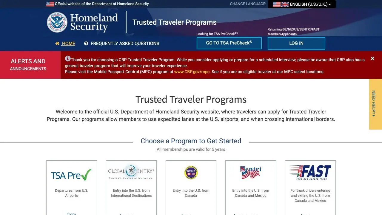 Screenshot of US Department of Homeland Security Trusted Traveler Program