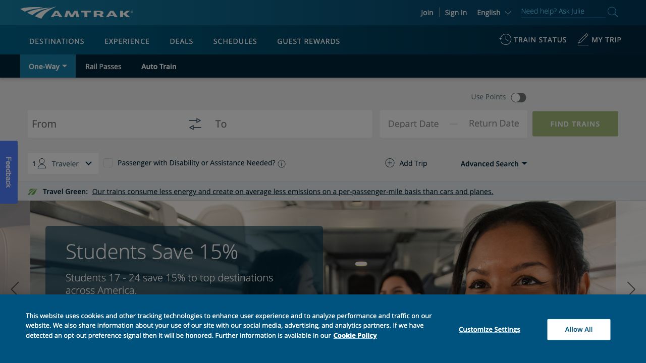 Screenshot of Amtrak