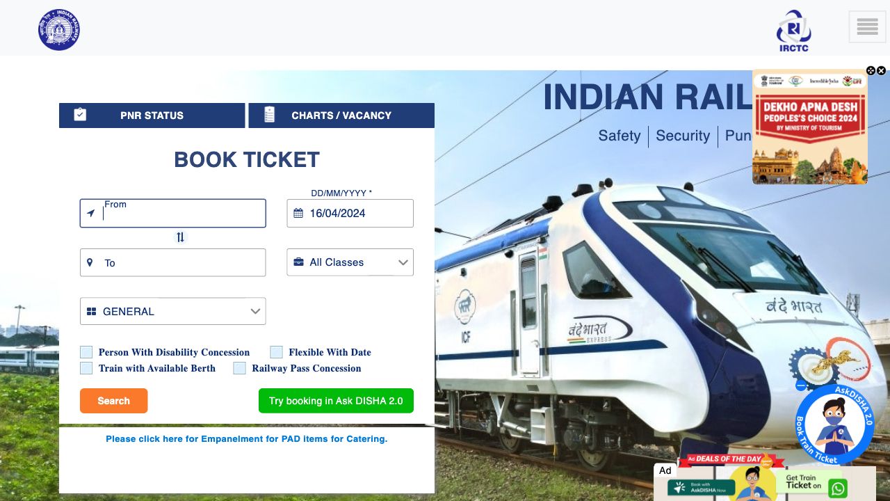 Screenshot of Indian Railway Catering and Tourism Corporation