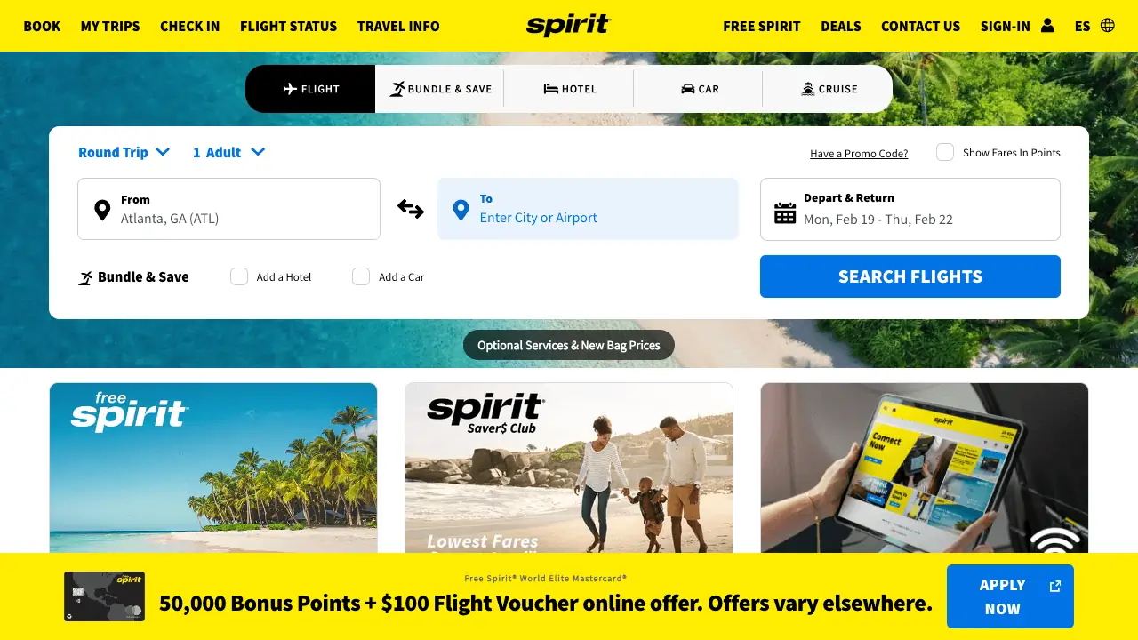 Screenshot of Spirit Airlines