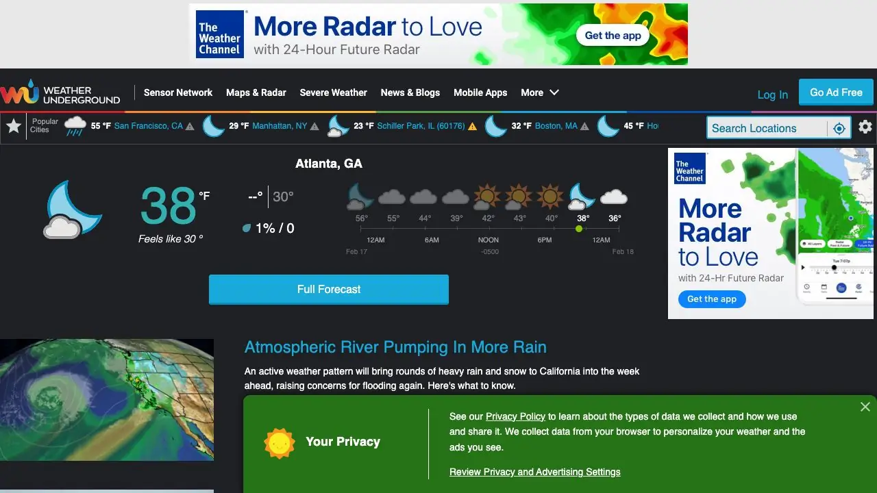 Screenshot of Weather Underground